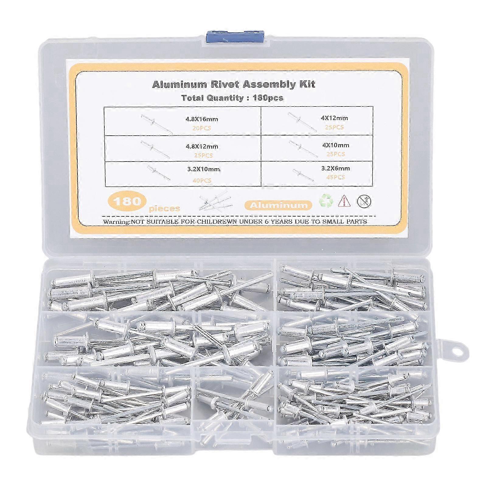 180Pcs Blind Rivet Flange Aluminium Alloy 6 Sizes Assortment Set Kit for Connection