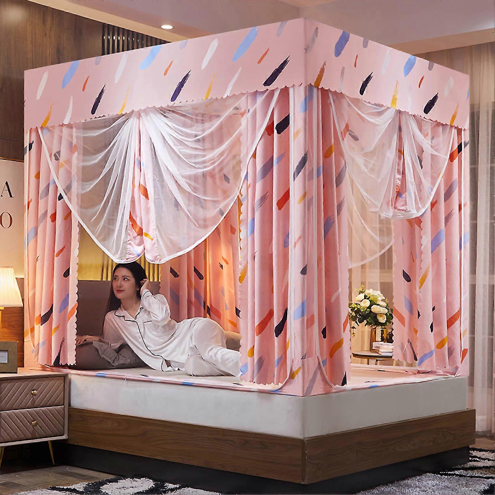 Four Corner Post Canopy Bed Curtains with U Shaped Mosquito Net Lightproof Zipper 3 Door Stainless Steel Bracket