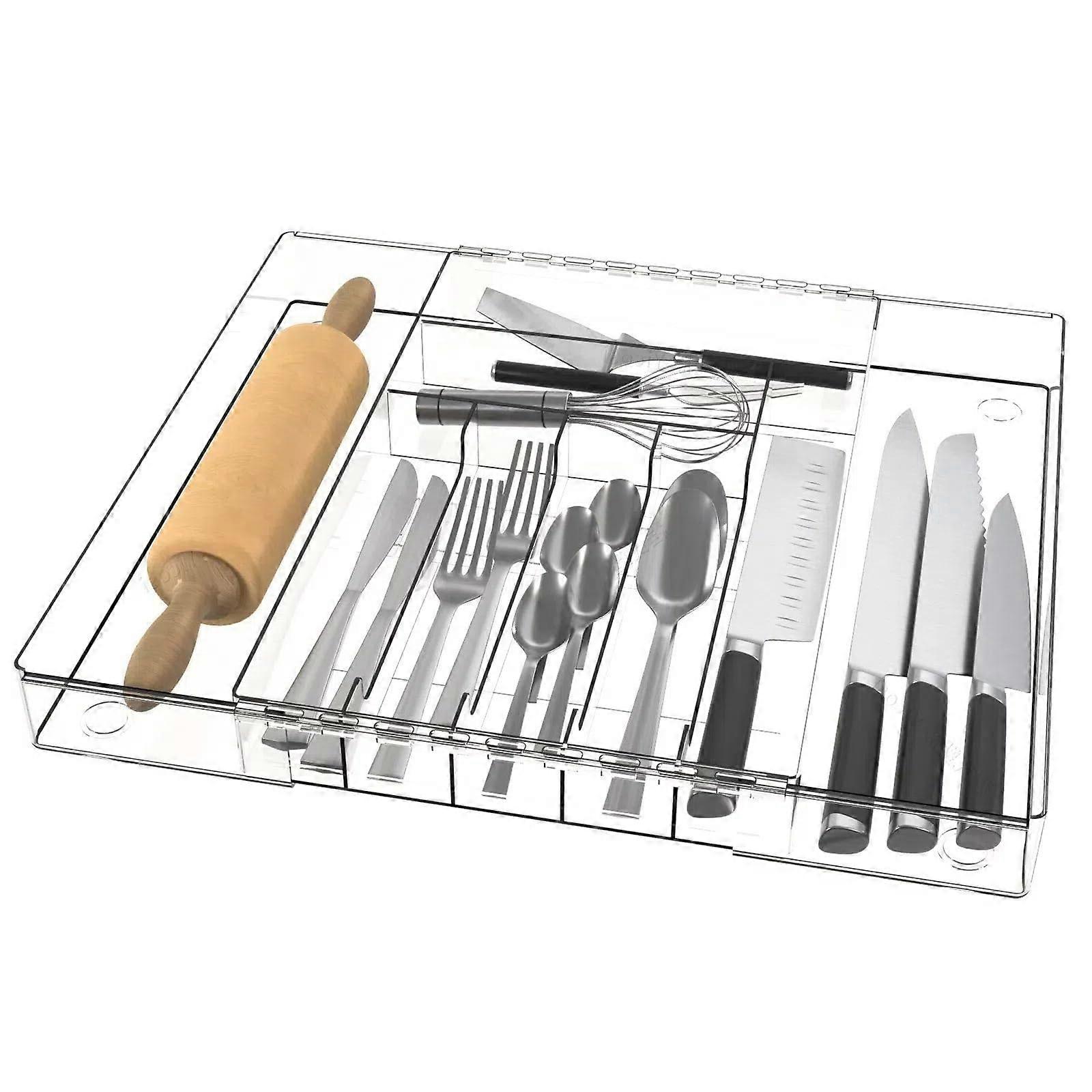 Clear Acrylic Silverware Drawer Organizer - Expandable Large Cutlery Tray for Utensils, 9 Compartments, Kitchen, Office, Bathroom Supplies, Clear, L
