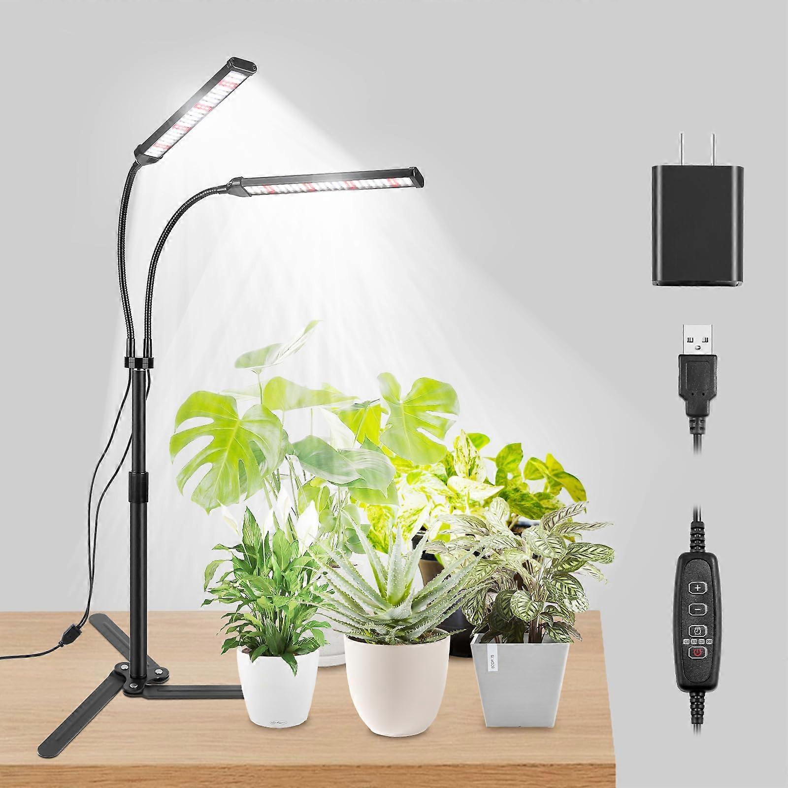 Grow Lights for Indoor Plants, Full Spectrum Dual-Head LED Tabletop Gooseneck Lamp with Adjustable Brightness and Timer