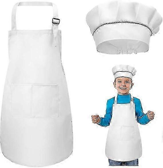Adjustable Kids Apron with 2 Pockets and Chef Hat Set for Cooking Baking