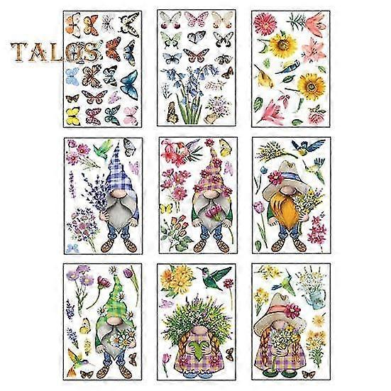9Pcs Window Sticker Spring Gnome Flower Pattern Window Clings Durable Reusable Static Decals for Home