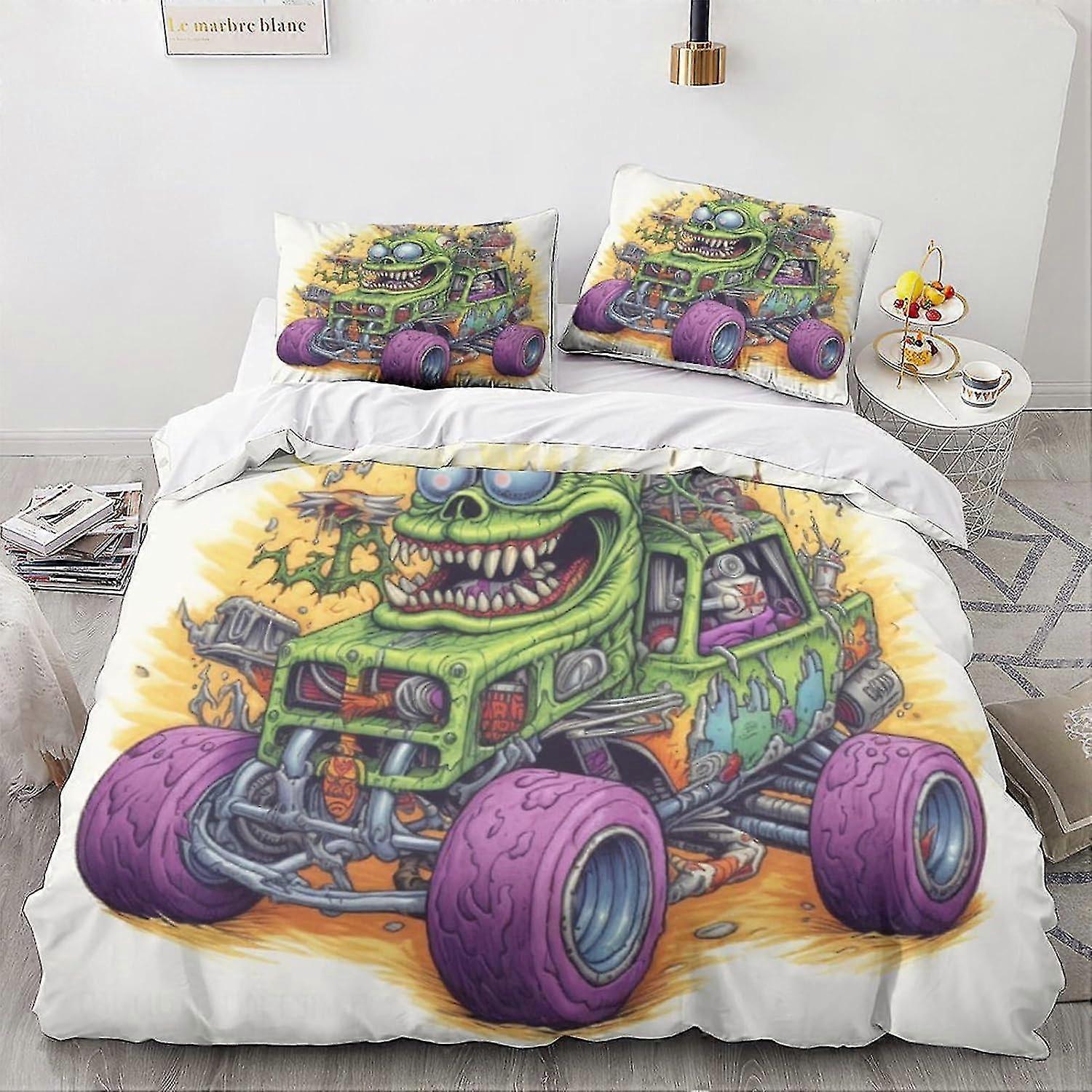 Poszwa na kołdrę Monsters Vintage Car Pattern Printed Komplet pościeli z zapięciem na zamek błyskawiczny, zestaw pościeli z miękkiej mikrofibry Cartoon