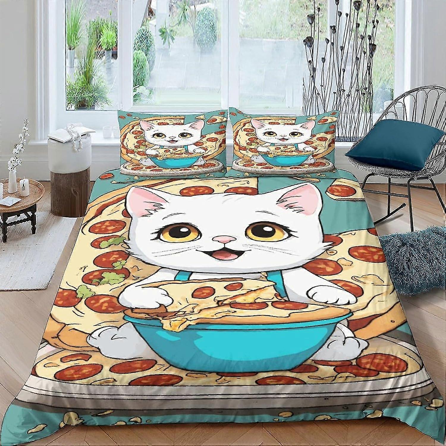 Cat Bedding Set Cartoon Duvet Cover Soft Zipper with Pillowcase King Size