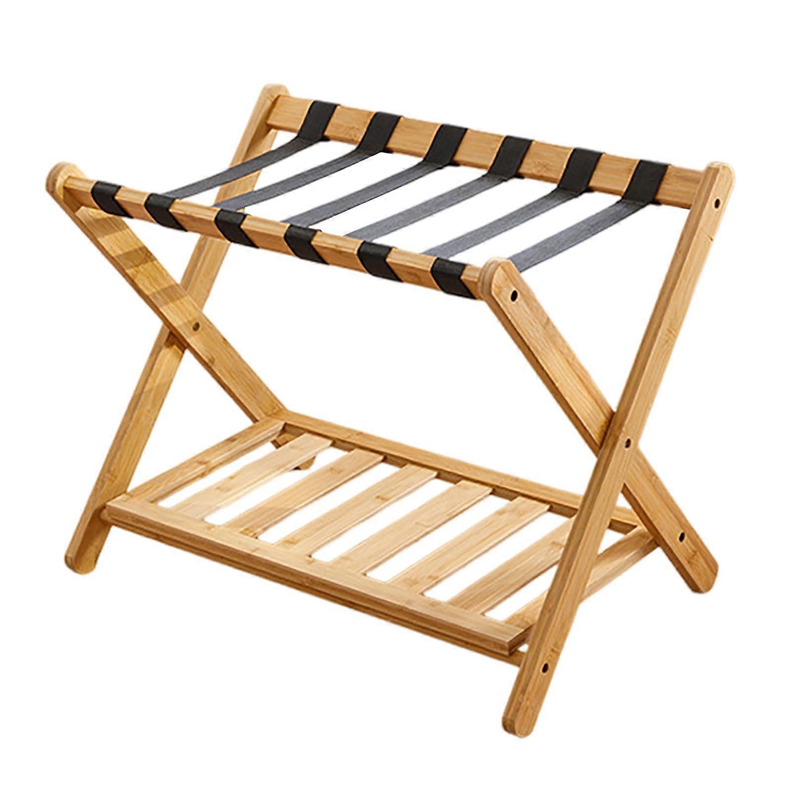 Foldable Suitcase Stand with Shelf, Holds 150 lbs, Easy Assembly, Wood Color