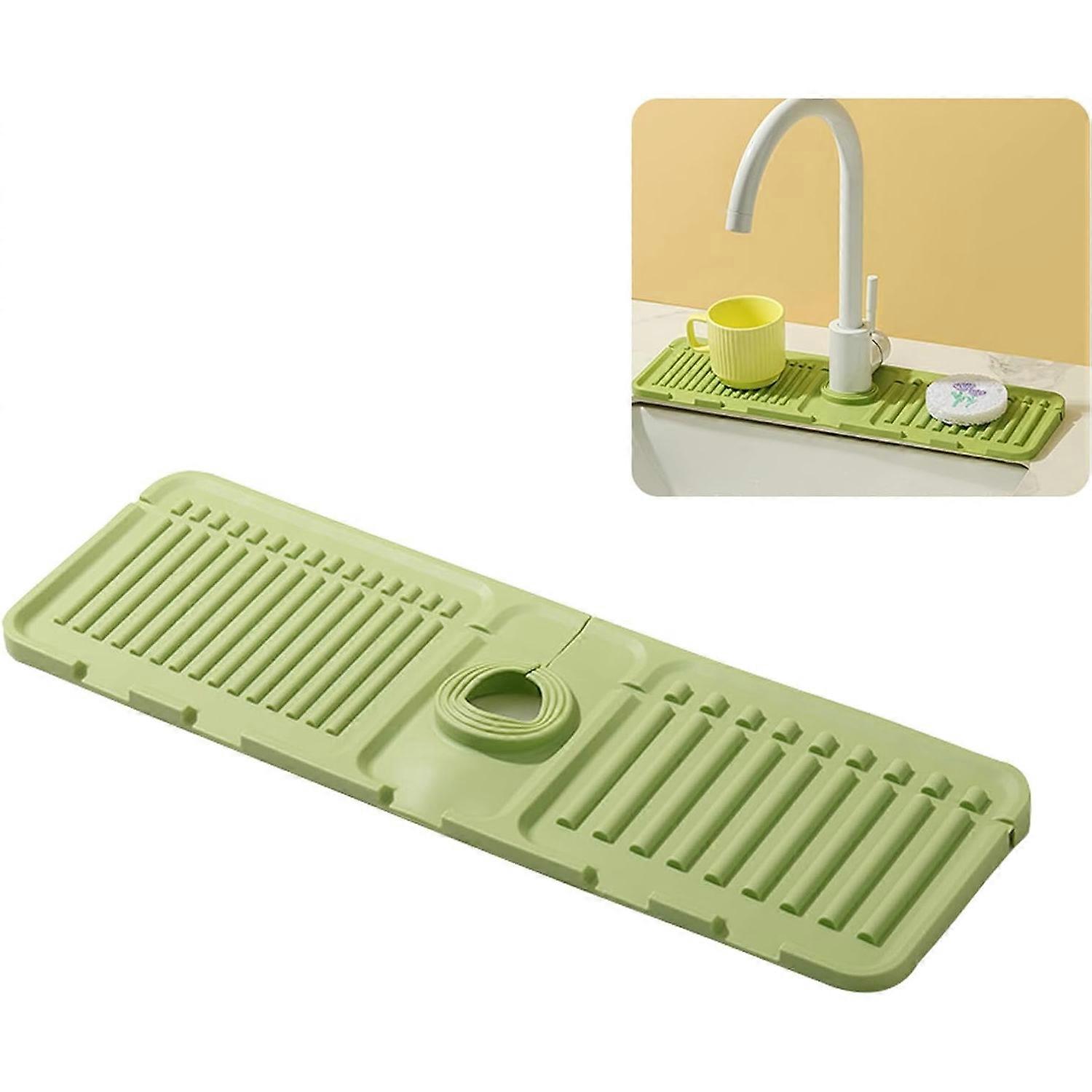 2024 Upgraded Premium Silicone Faucet Mat for Kitchen Sink - Fast-Drying Splash Guard & Protective Tray for Stone Sinks - Green (1 Pack)