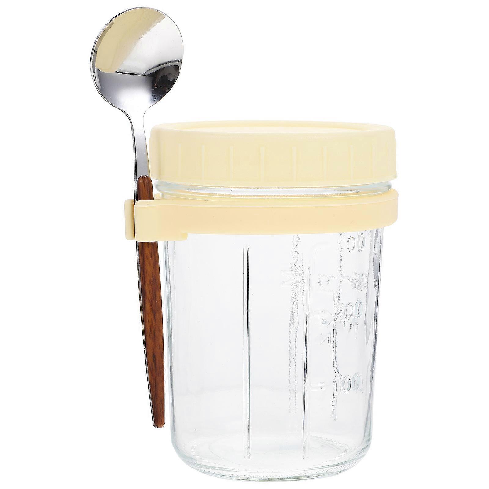 1 Set Airtight Lidded Glass Oats Cup for Overnight Yogurt Oatmeal with Spoon