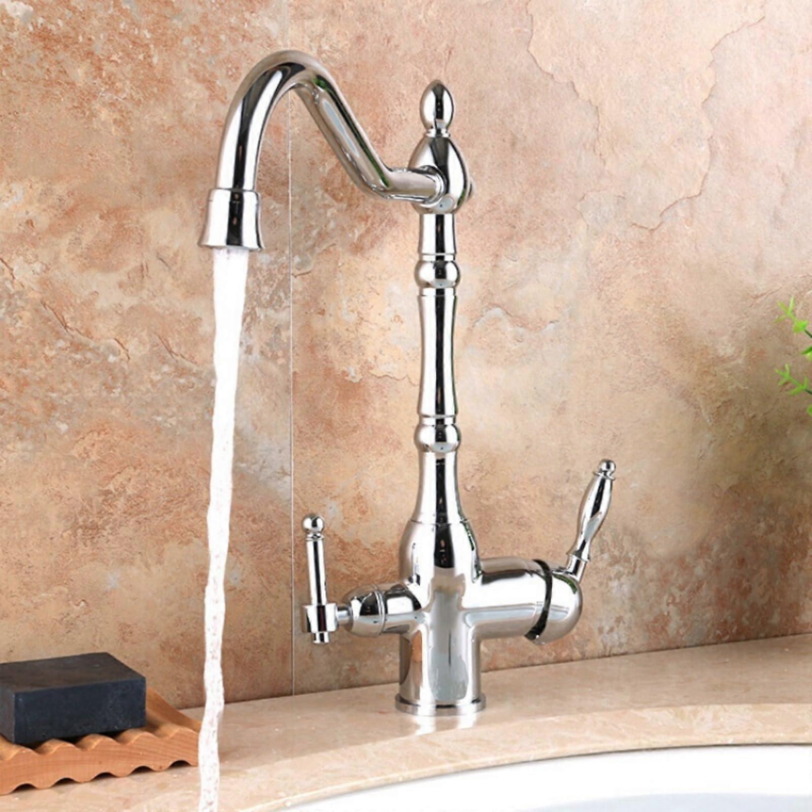 Retro Chrome 3Way Kitchen Faucet with Dual Handles, 360° Swivel Spout, Drinking Water Tap, Sink Mixer Tap.