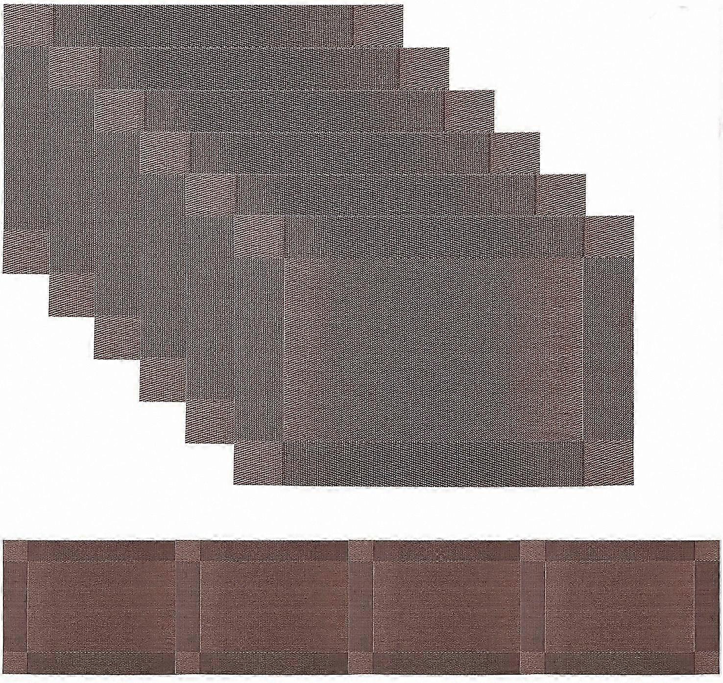 Set of 6 PVC Placemats with Table Runner, Washable Dining Room Table Mats (Brown)