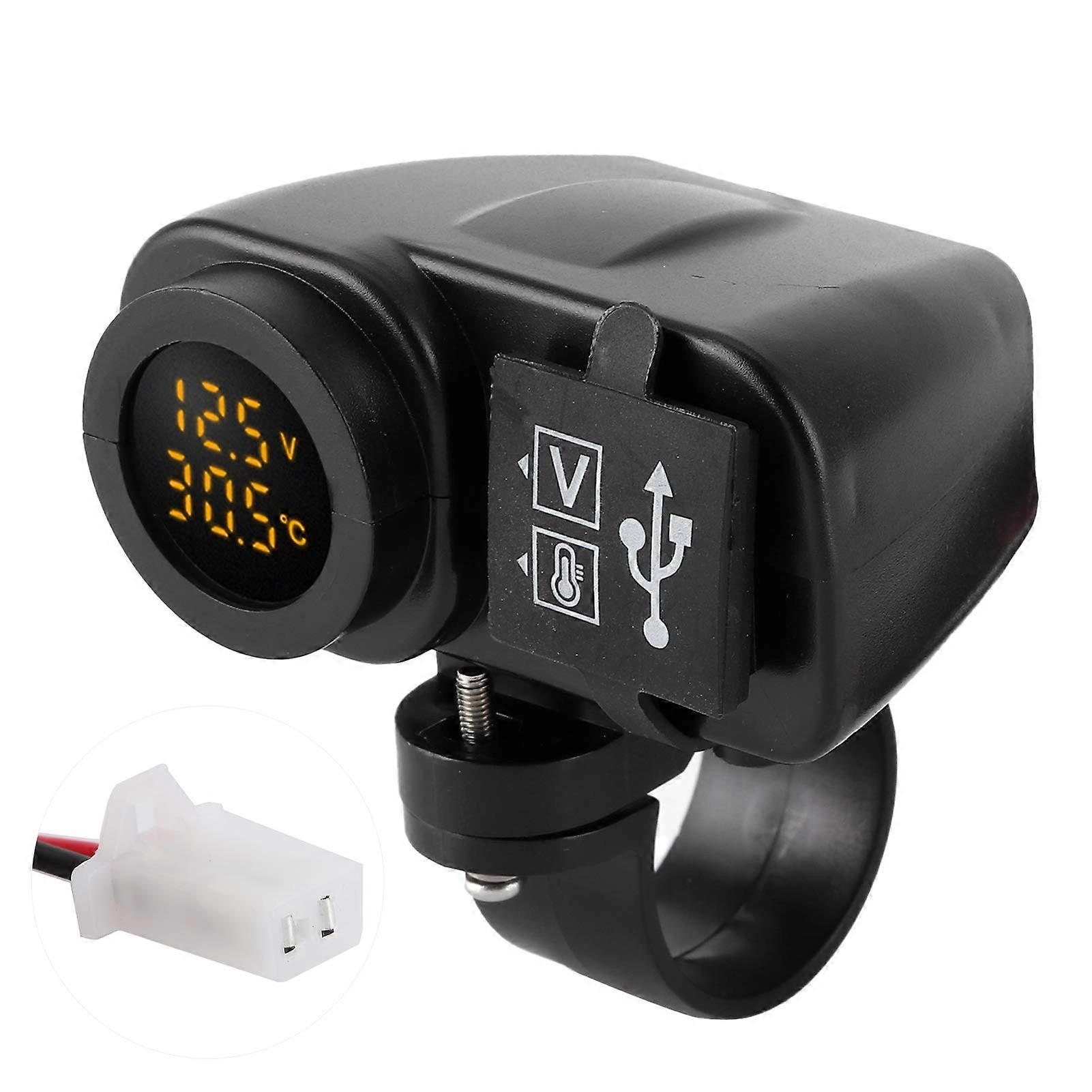 Motorcycle Dual USB Voltmeter Temperature Display Meter with Waterproof Cover for 12V Systems