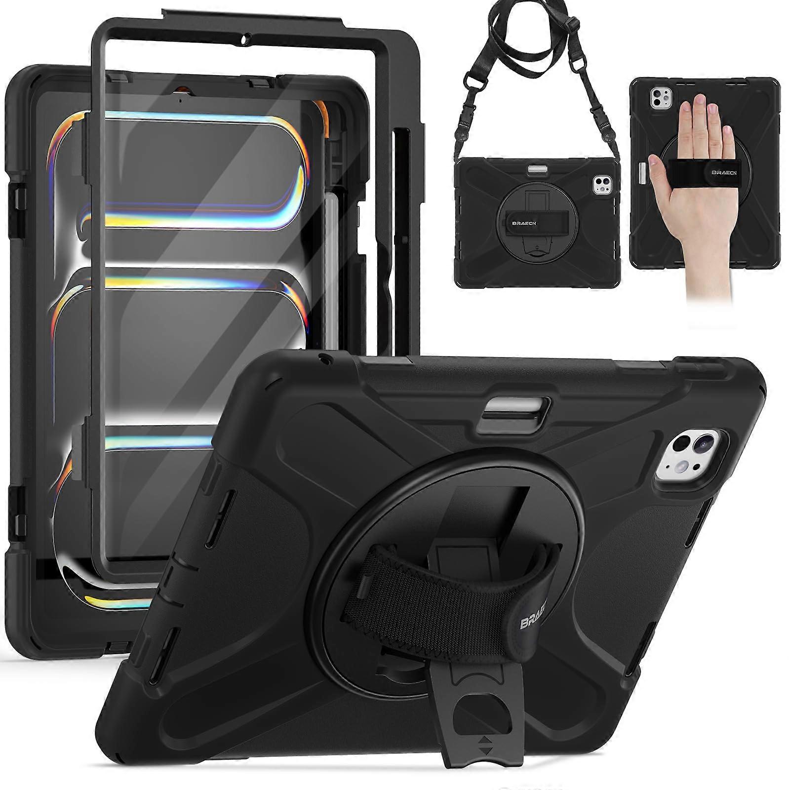 Case for iPad Pro 11 2024 M4 5th Gen, Shockproof with Screen Protector, 360° Hand Strap, Pencil Holder, Black A2836/A2837/A3006