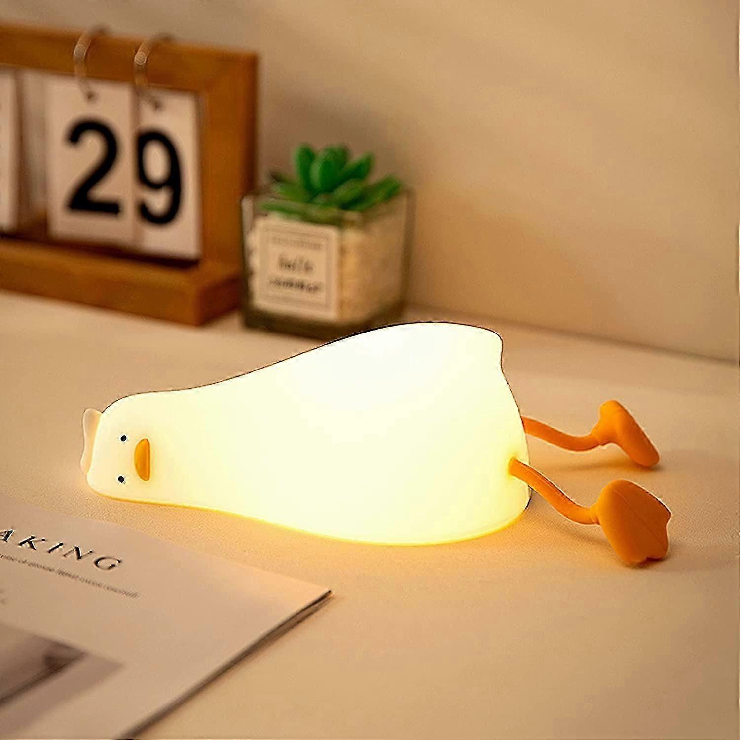 Veilleuse de canard plat couché, canard lumineux mignon, lampe de chevet en silicone LED, veilleuses rechargeables à commande tactile (conduit)