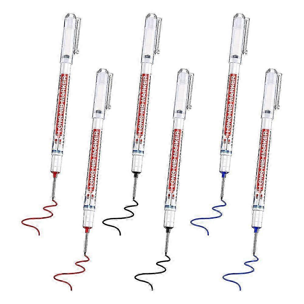 6Pcs Long Head Deep Hole Marker Multifunction Long Nosed Marker Deep Drill Hole Carpenter Mark Waterproof Marker Pen