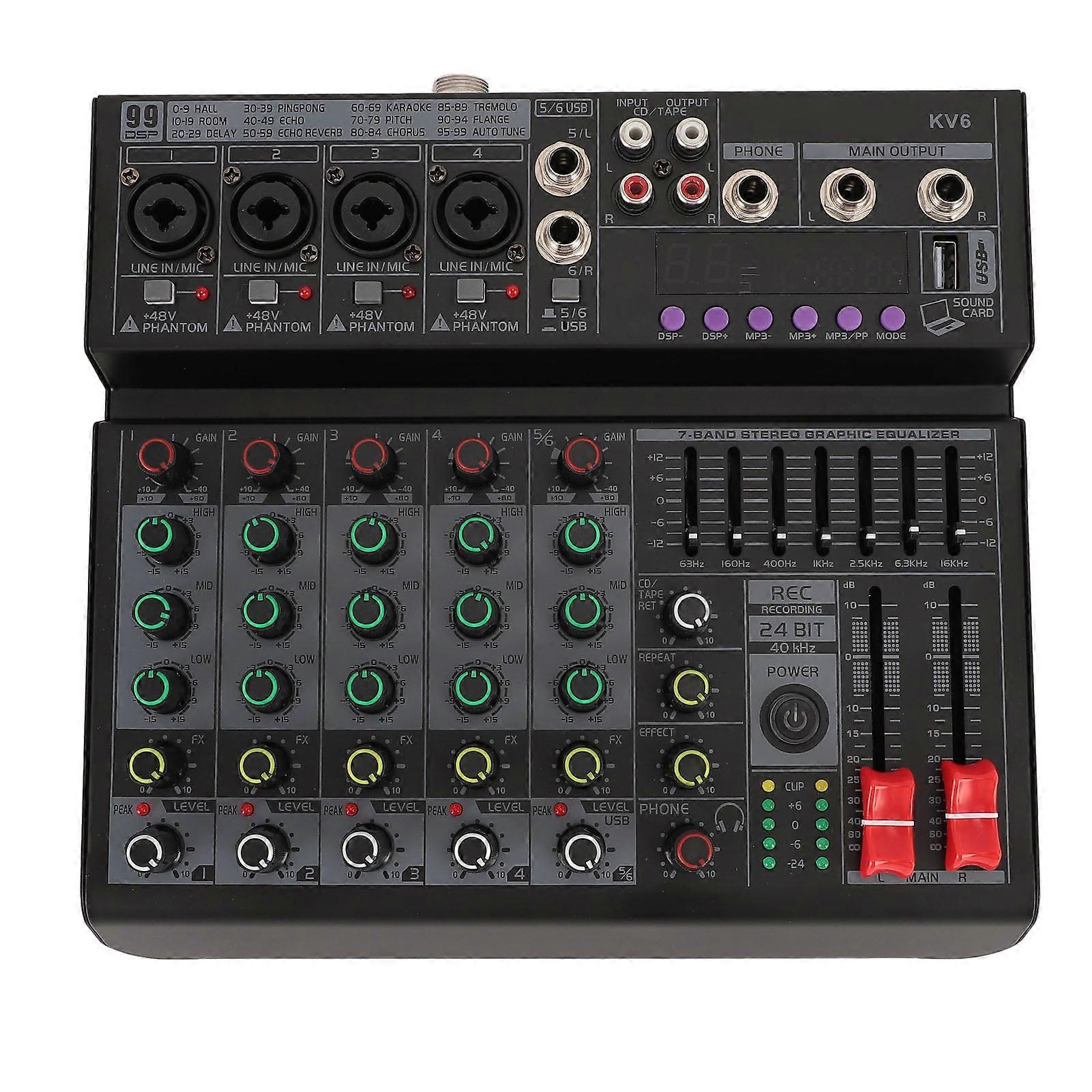 Professional 6 Channel Mixer with 99 Presets, 7 Band EQ, 22x23.8x4.5cm