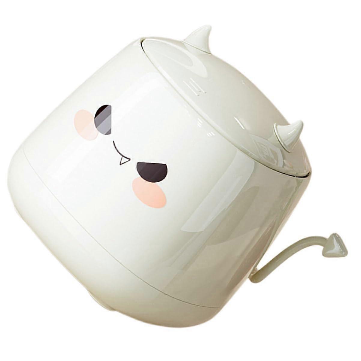 Mini Desktop Trash Can With Lid, White, Kawaii Demon Design, For Office, Bedroom, Silent Operation, Easy Maintenance