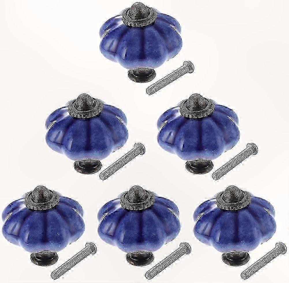 Blue Ceramic Pumpkin Shaped Cabinet Knobs - 6 Pack Drawer Pulls for Kitchens