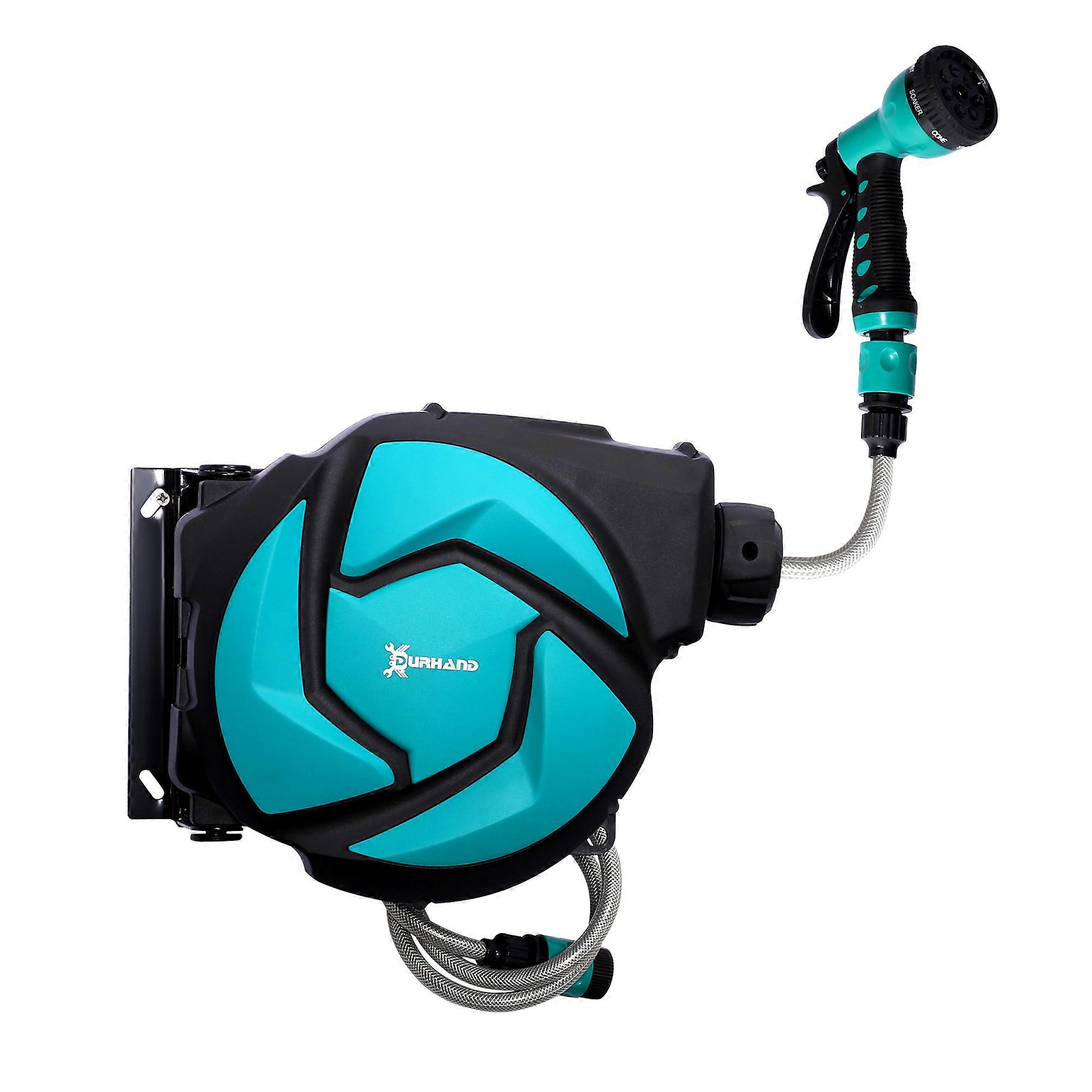 Green and black garden hose reel with 10m swivel hose, 180° rotation, multi-sp