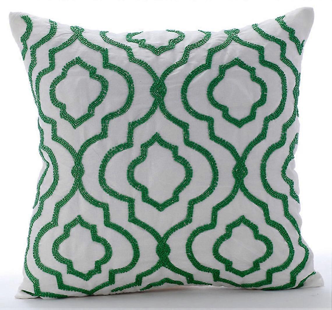 White Pillow Shams, Green Beaded Lattice Design, 24x24 inch Square Silk Shams, Geometric Pattern, French Closure - Royal Green
