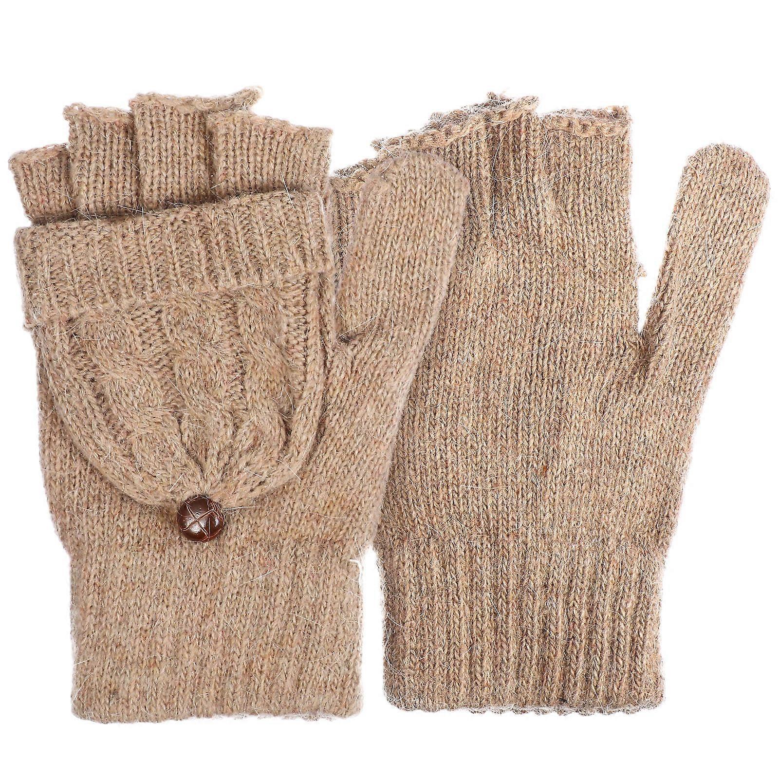 Womens Convertible Mittens Wool Gloves for Hand Warmer in Brown 2Pairs
