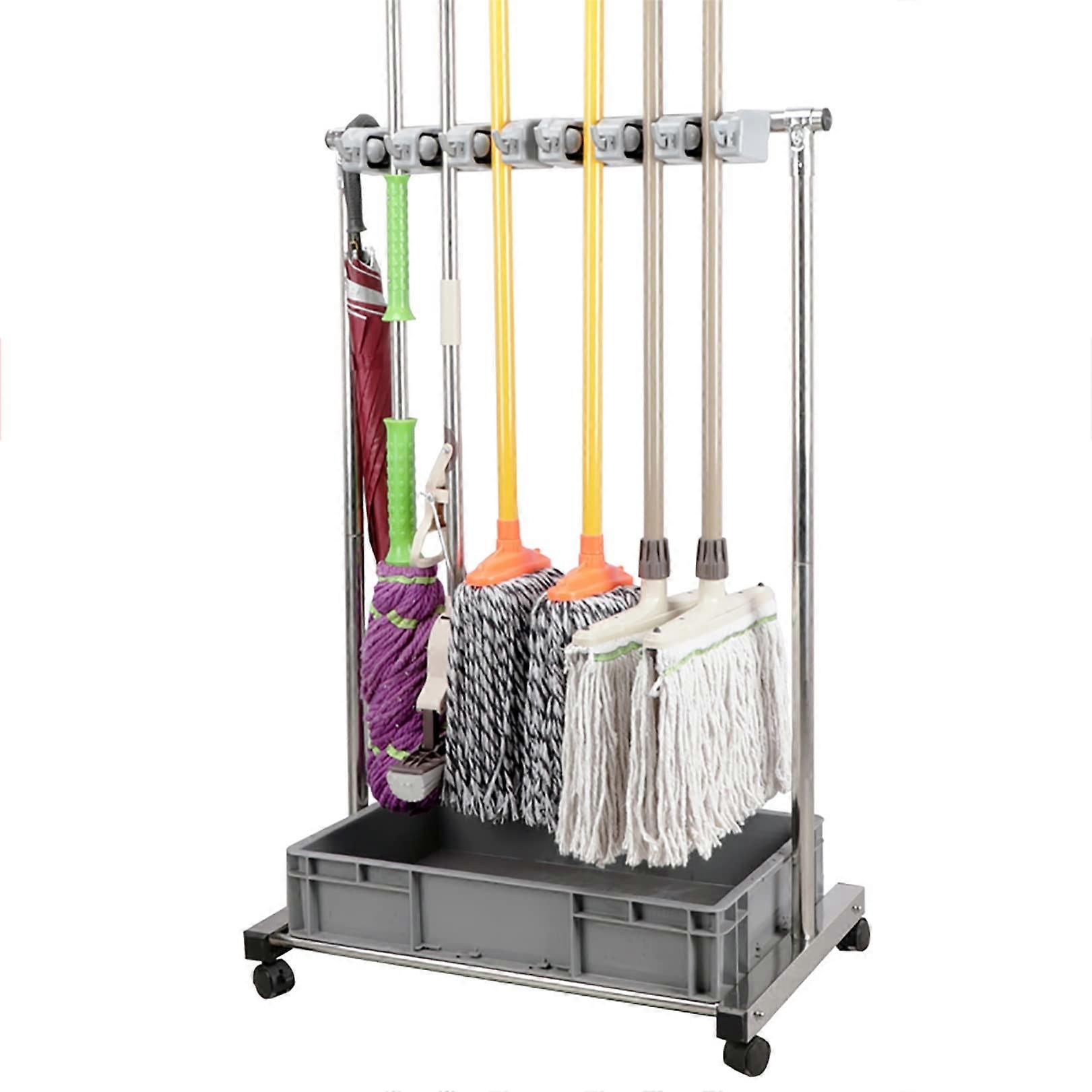 FloorMounted Rack Broom and Mop Holder Movable Closet Cabinet 9Slot Tool Organizer For Garage Garden Workshop Onecolor