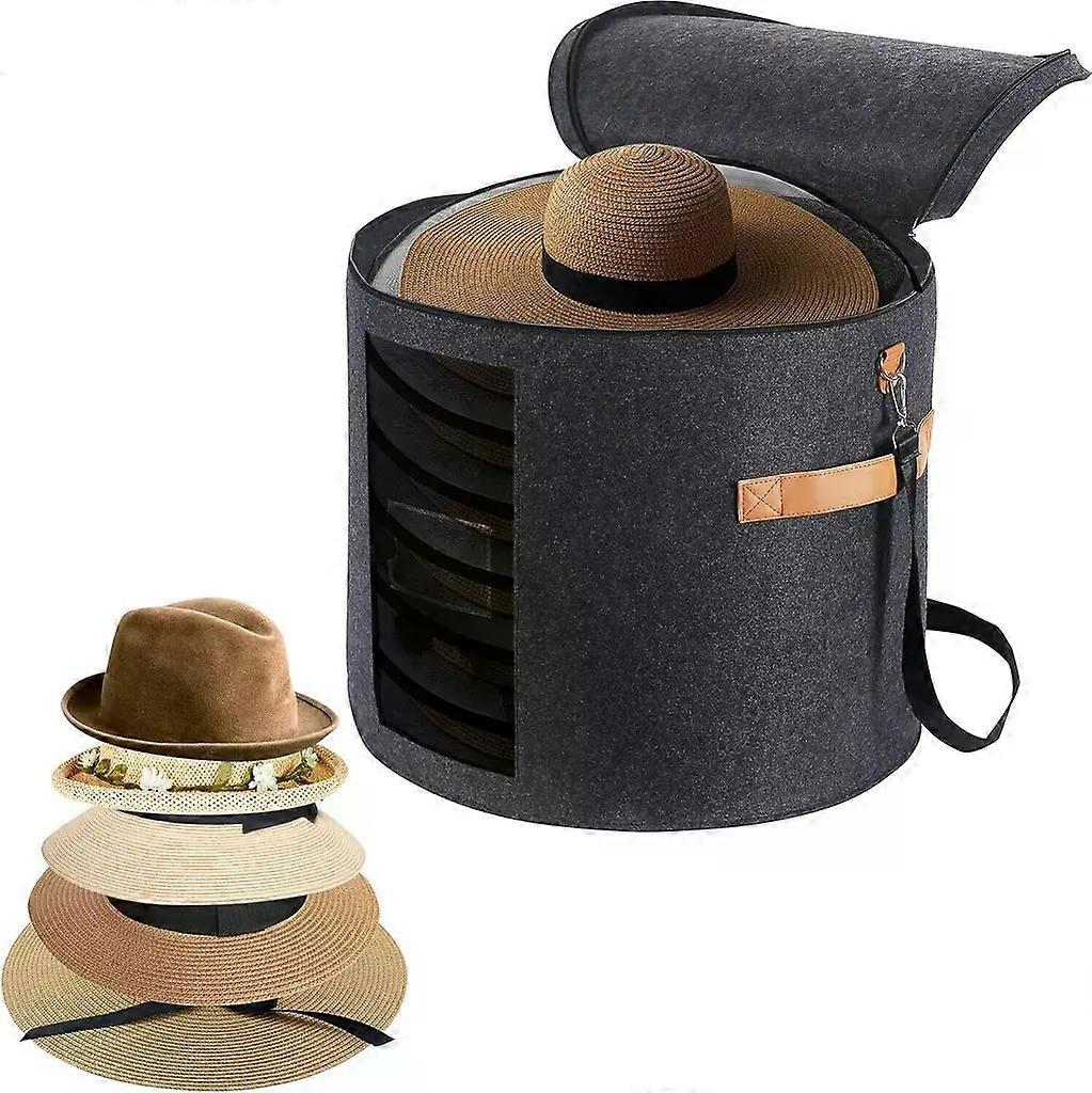Round foldable felt hat box with lid, 50x43 cm, translucent front, hat attachment