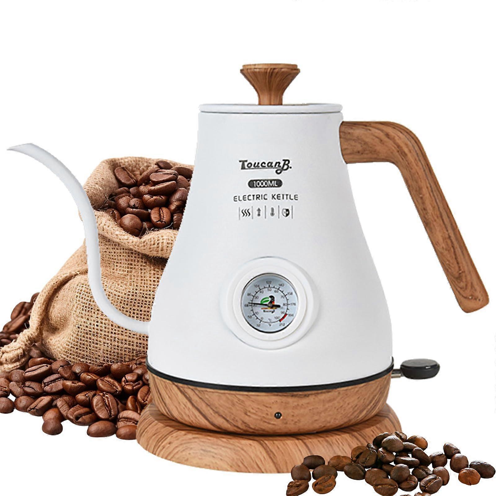 Gooseneck Electric Kettle 1000ml, 1350W Stainless Steel With Visual Temp Wood Grain Base 32F212F AntiDry Burn White