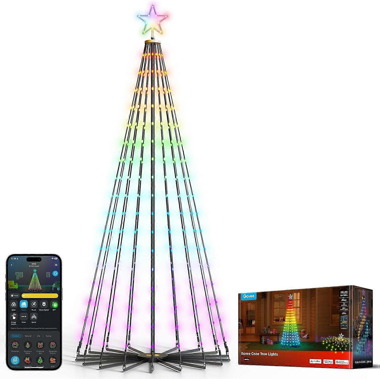 Govee Xmas Cone Tree Lights, 1.82m 316 LEDs RGBIC String Lts with Smart App Control, 82+ Scene Modes, IP67 Waterproof Holiday Decor for Halloween & Xm