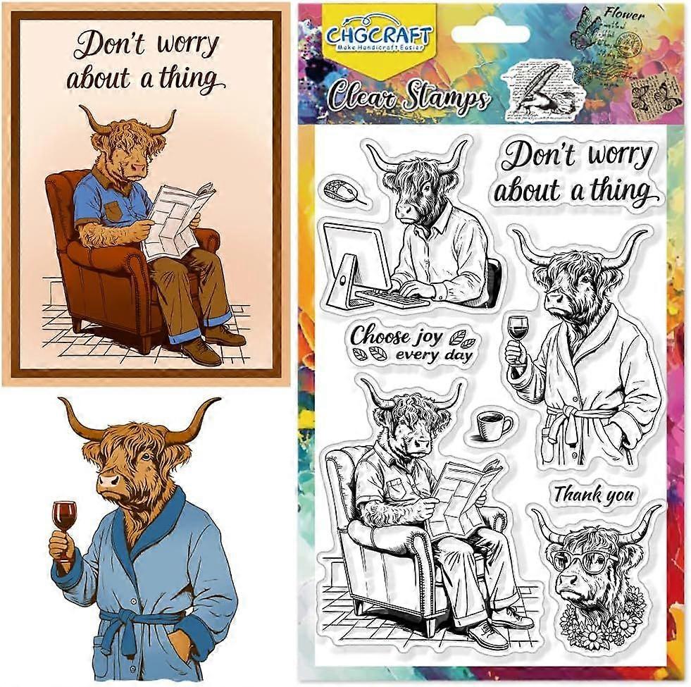 Highland Cattle Working Pattern Clear Stamps Coffee Cups Cattle Anthropomorphic Transparent Embossing Silicone Stamp Seal for DIY Scrapbooking and Car