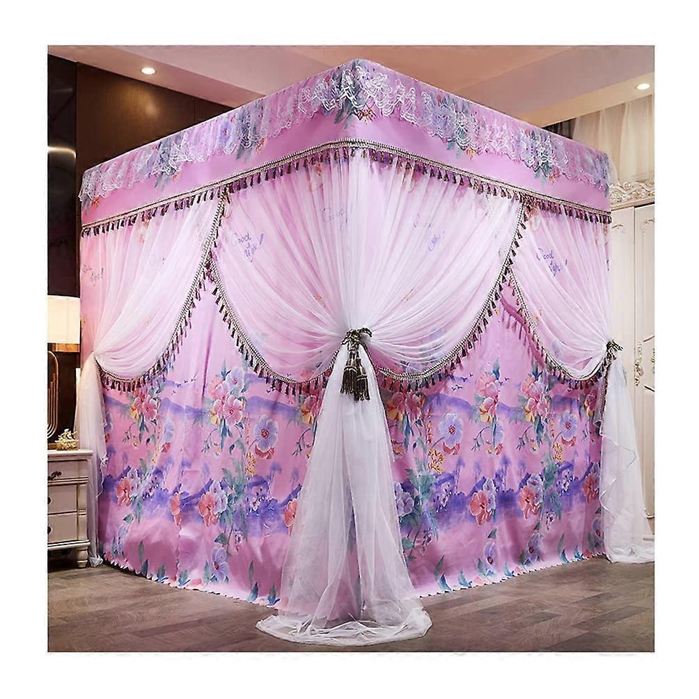 Luxury Double Layer Bed Canopy with Mosquito Net, Metal Frame, ThreeDoor Privacy Curtain