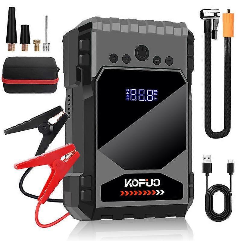 4-in-1 KOPUO Car Jump Starter - 150PSI Tire Inflator, LED Lighting, LCD Display, Anti-Reverse Smart Clip - Suitable for 2.64 Gallon Gasoline