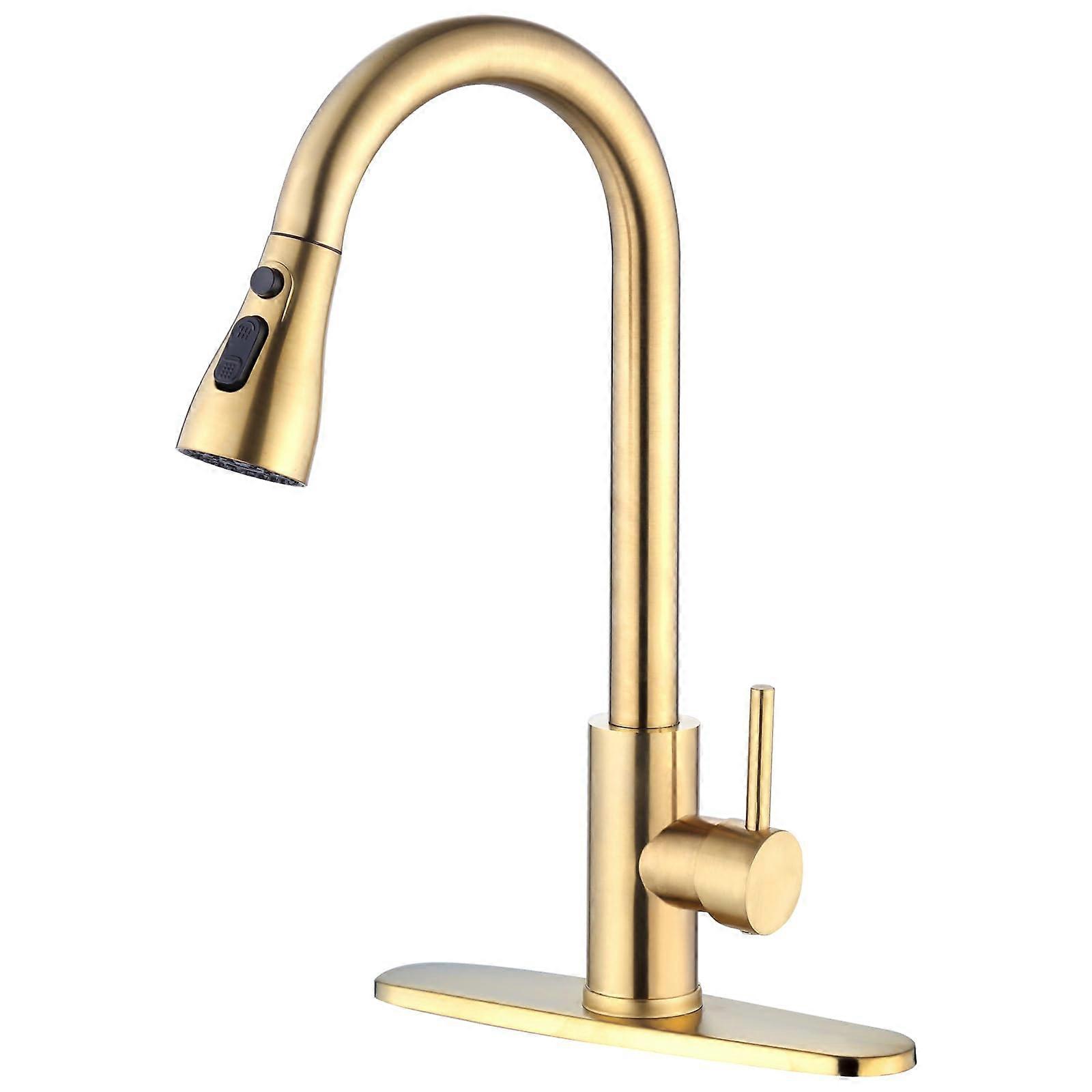 Brushed Gold Kitchen Faucet with Pull Down Sprayer,  Arc Single Handle Stainless Steel Sink Tap