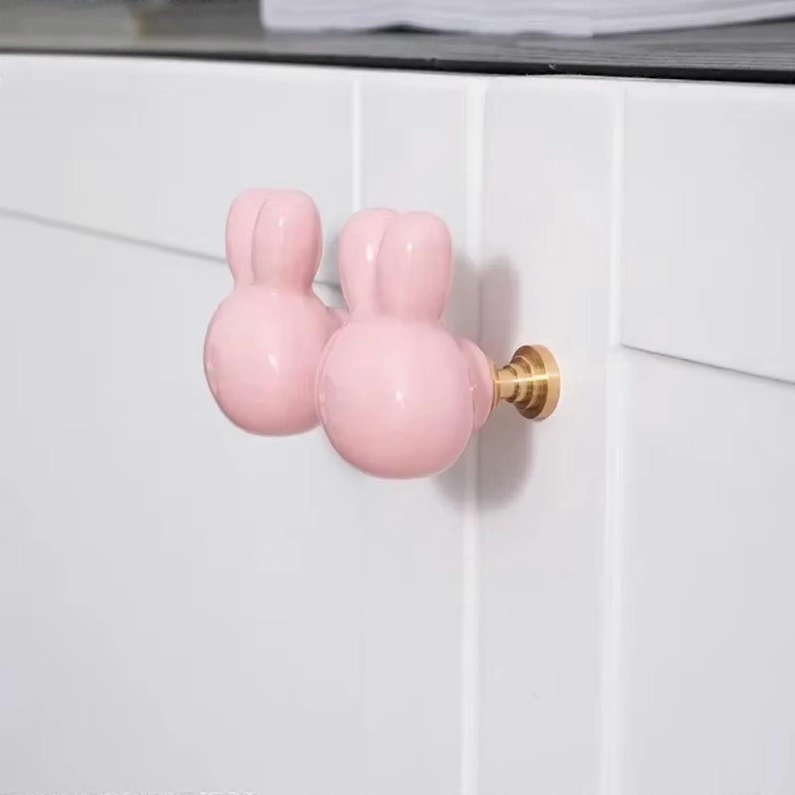 Ceramic Rabbit Cabinet Knobs Pink Kids Room Drawer Pulls Cartoon Animal Handles Easy Installation