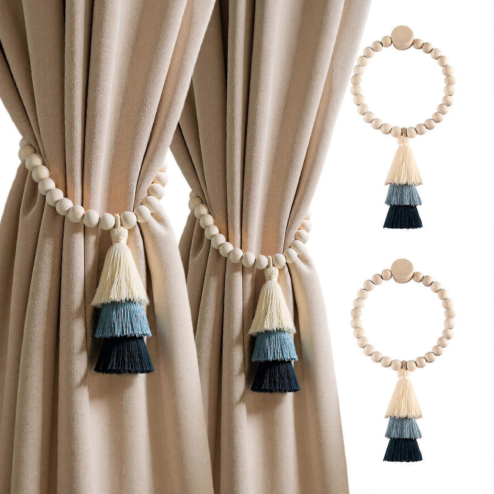 Magnetic Curtain Tiebacks 2 Pack 12.6in Natural Wood Beaded Holdbacks with Tassel No Drill Blue