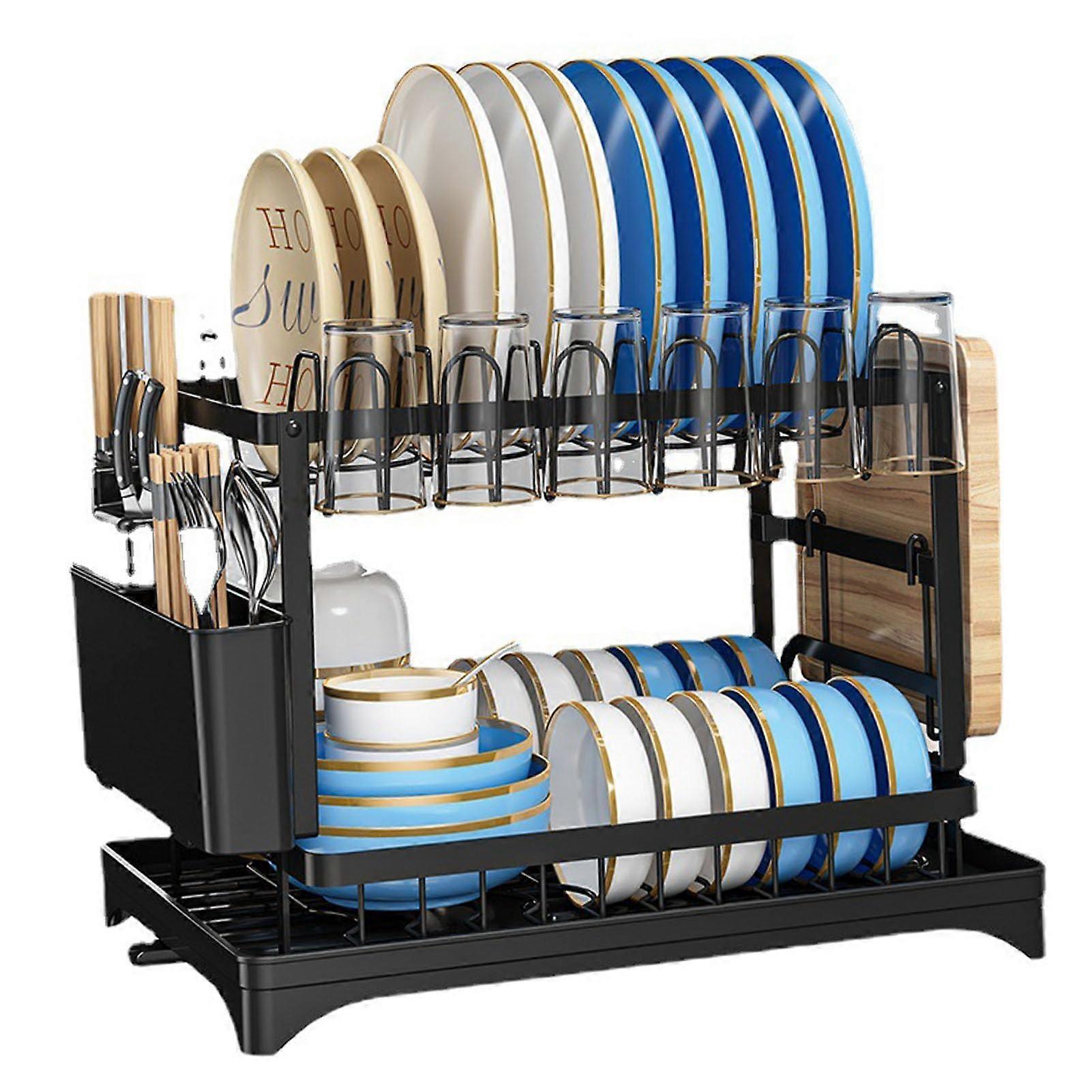 Dish Drying Rack, 2 Tier Aluminum Dish Rack with Drainboard for Kitchen Counter Storage