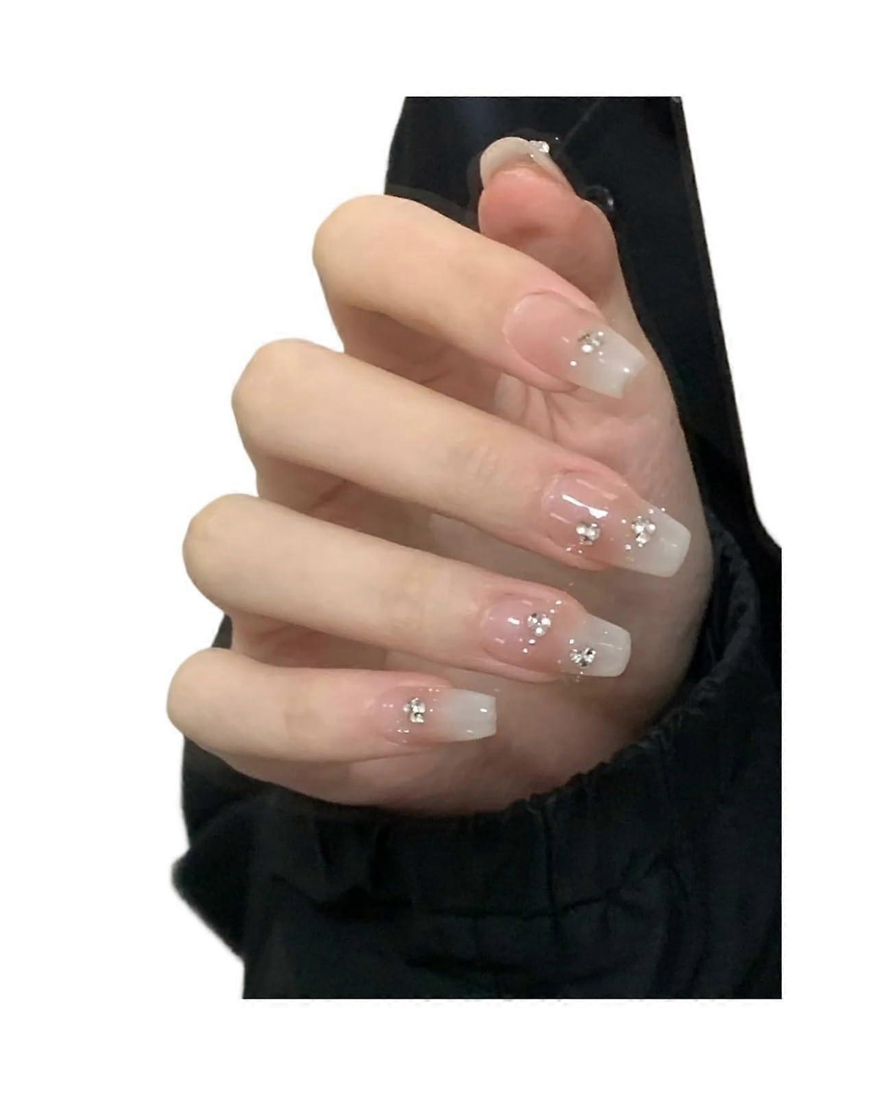 Long Lasting Gradient Nude Press On Nails with Removable Rhinestones Pink False Nails Set