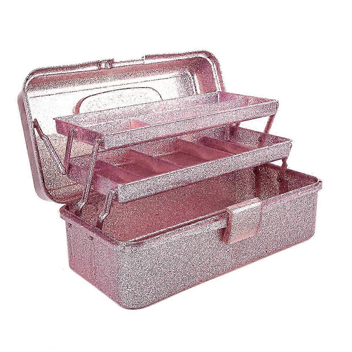 Stackable 3-Layer Pink Glitter Sewing Box for Craft Tools & Art Accessories