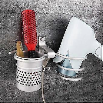 Hårtørrerholder, vægmonteret hårtørrerholder i aluminium spiralformet fjederform med glattejernholder, badeværelse arrangør opbevaring cylindrisk C