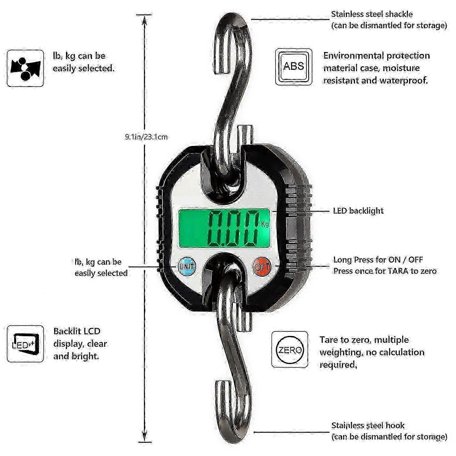 Black 150kg Digital Crane Scale - Double Accuracy LCD Hook Scale
