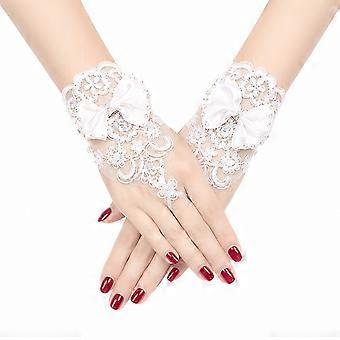 Women's White Lace Wedding Gloves Finger Loop Bridal Gloves Embroidery Short Formal