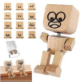 Wooden Bobblehead for Car Dashboard with 12 Interchangeable Expressions, Handmade Shaking Wooden Figurine