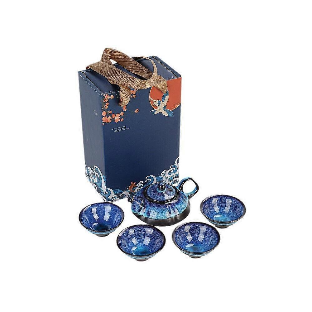Handcrafted Ceramic Tea Set Blue Brown