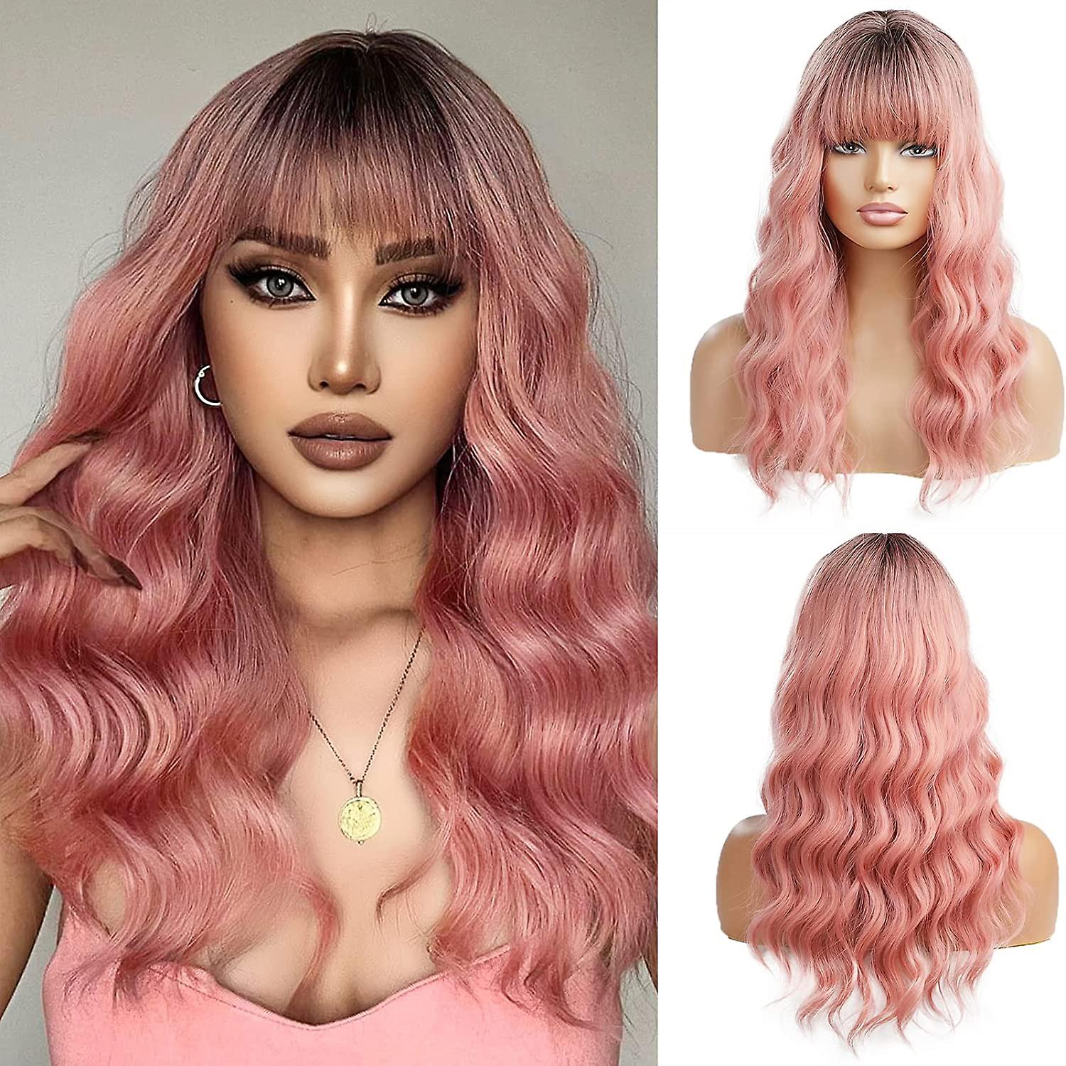 Pink Ombre Wavy Heat Resistant Synthetic Wig With Bangs For Parties And Role Playing - 22 Inches