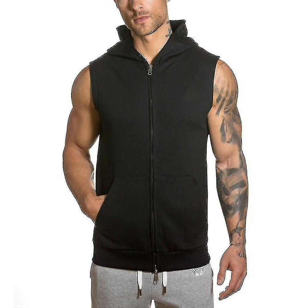 Men Sleeveless Hoodie Zip Up Hooded Sweatshirt Top Gym Sport Gilet