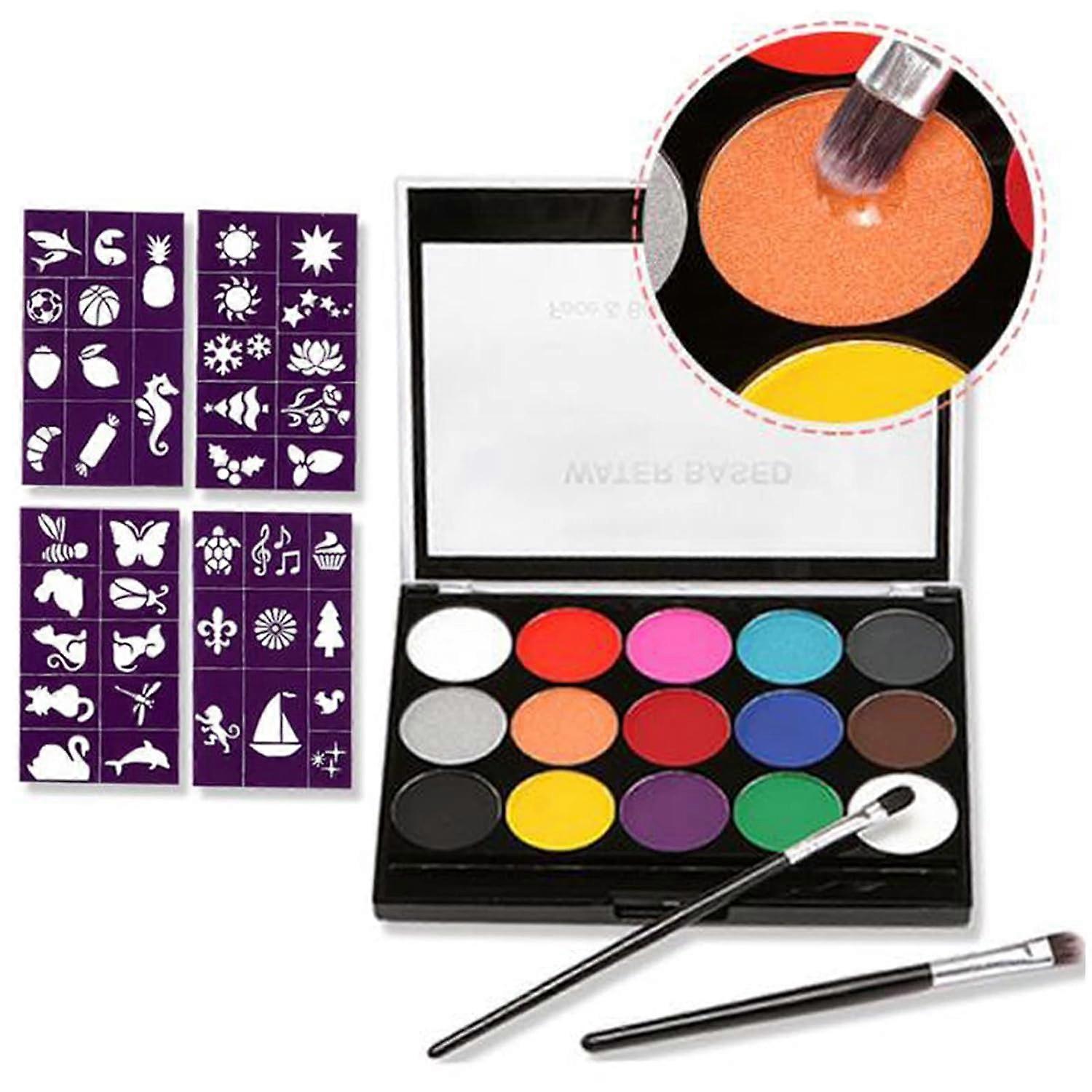 Face Paint Kit, Professional Quality Face & Body Paint, 15 Colors & 2 Brushes Makeup Face Paint Palette Set, Ideal for Halloween