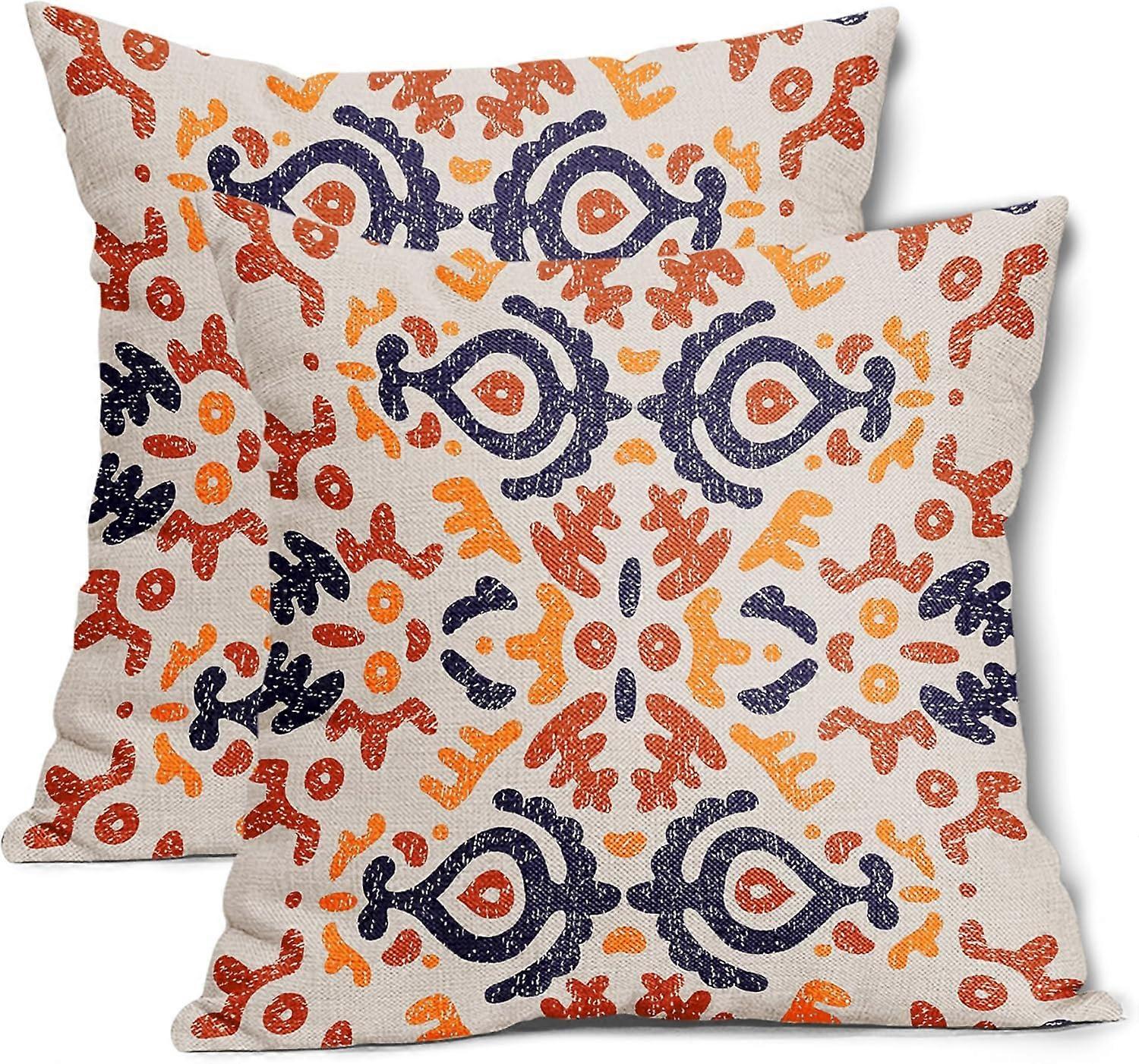 Orange Blue Ethnic Geometric Pillow Covers 18X18 Inch Bohemian Western Tribal Aztec Couch Pillow Cases Boho Ikat Vintage Square Throw Pillows Set of 2