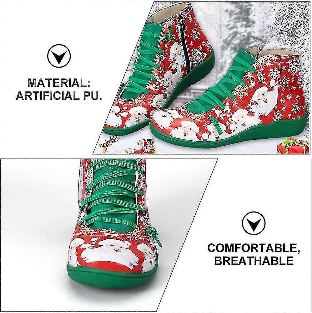 Christmas Santa Claus Shoes Round Toe Lace- Up Side Zipper Xmas