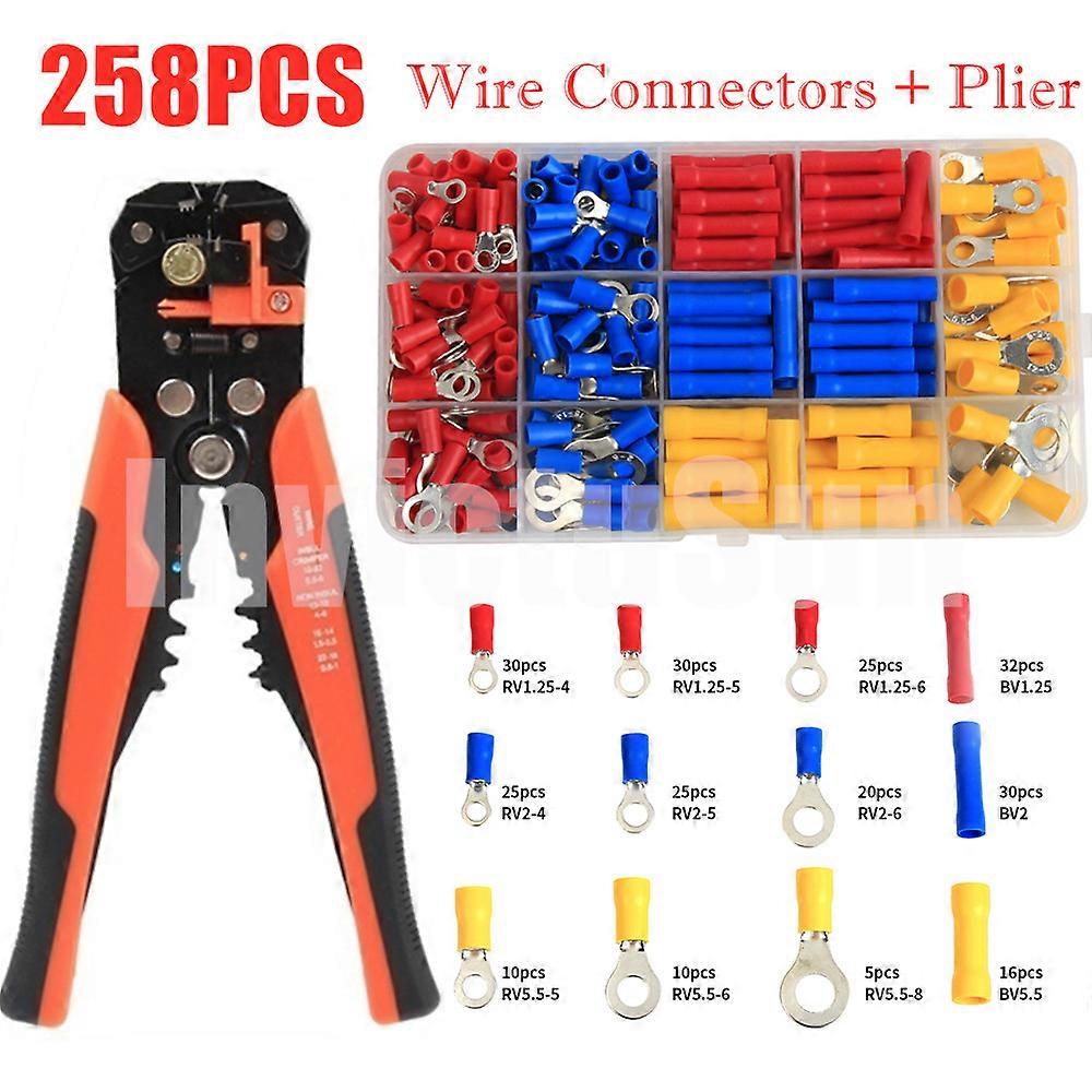 258PCS Assorted Ring Butt Wire Crimp Terminals Electrical Wire Connector & Wire Stripper Crimping Plier Tool Kit