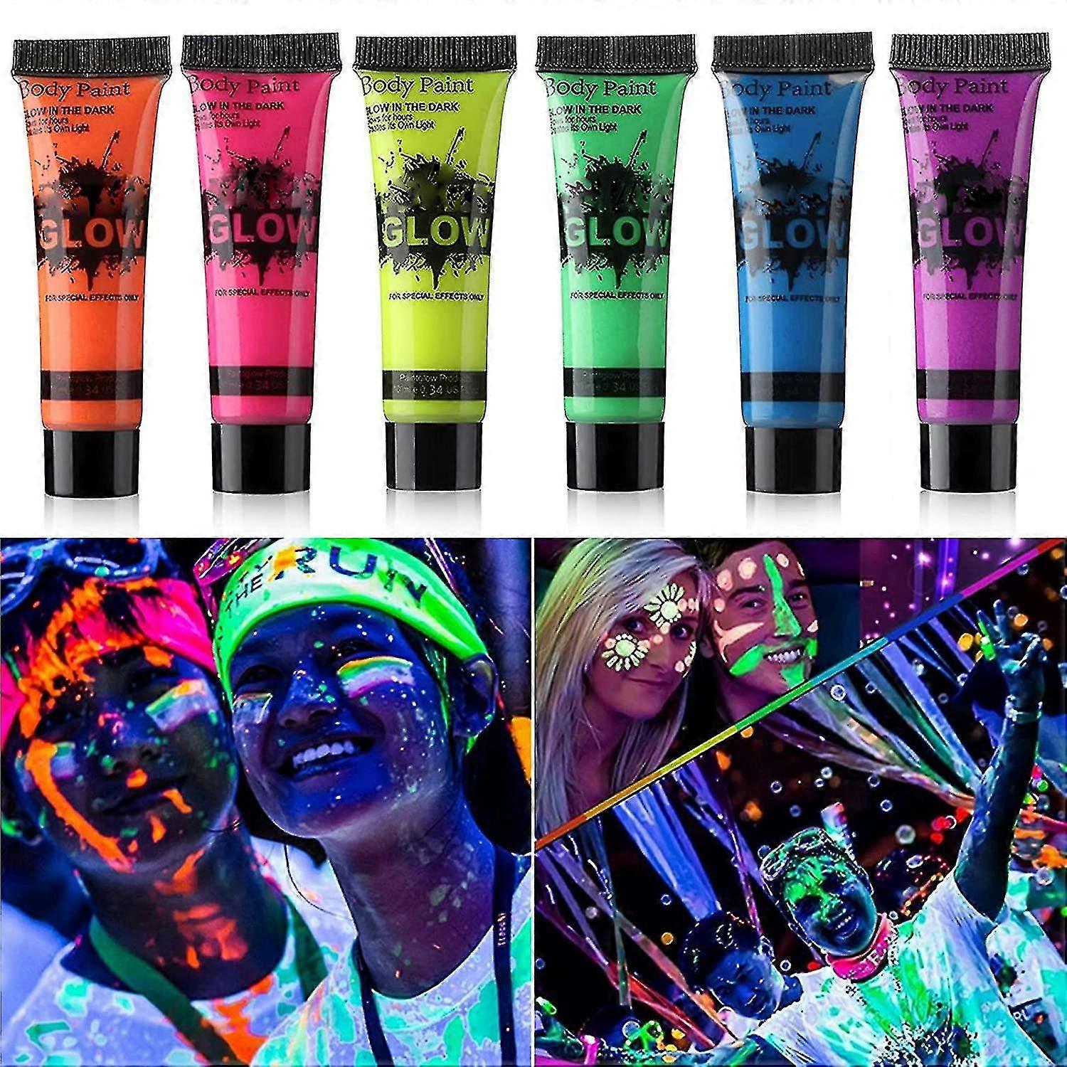 Glød i mørk ansigtskropsmaling Uv Blacklight Neon Fluorescerende 0.34oz sæt med 6 rør