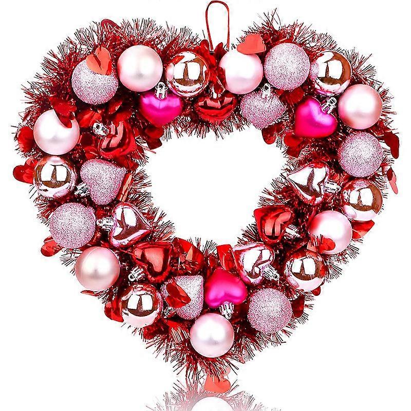 Valentine's Day Decor Heart Wreath for Front Door, 14 Inch Wreath with Glitter Pink Balls