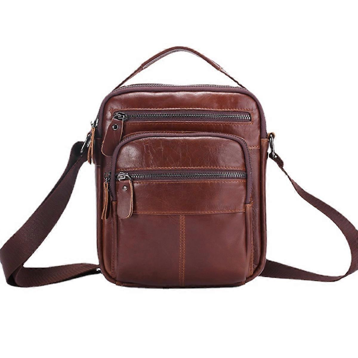 Men Leather Shoulder Bag Multi Pockets Satchel Bag Brown